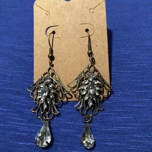 Antique Gold and Clear Rhinestone Dangle Earrings